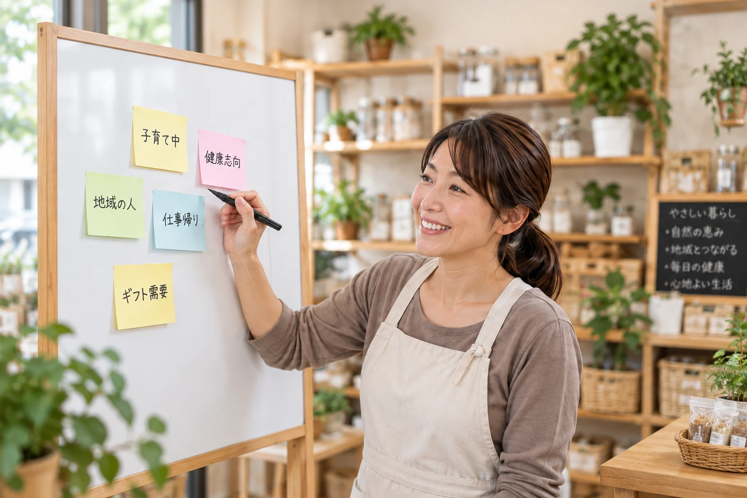 女性の事業者が、来てほしいお客様の特徴を付箋で整理するイメージ