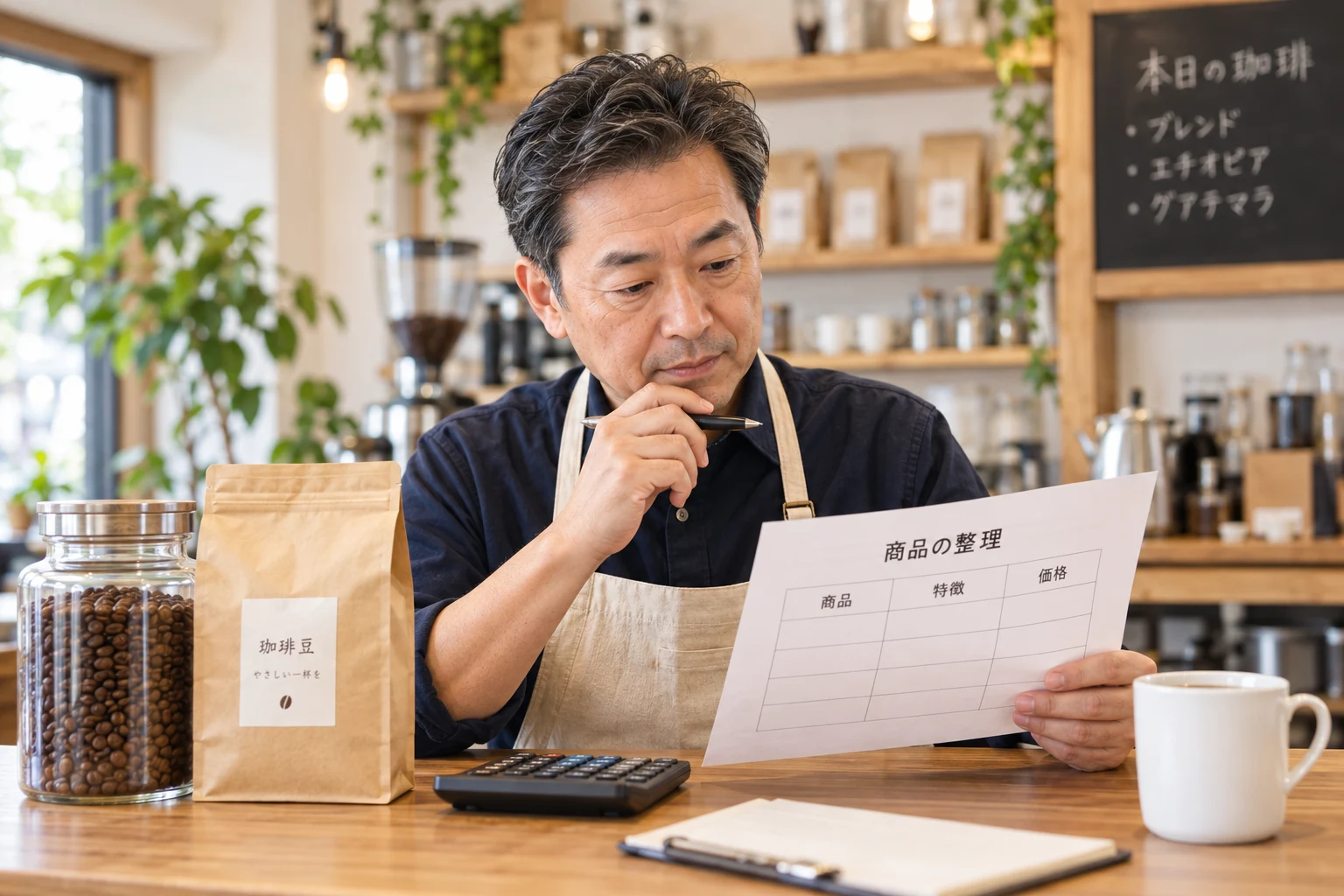 珈琲商品の内容と価格を整理するイメージ