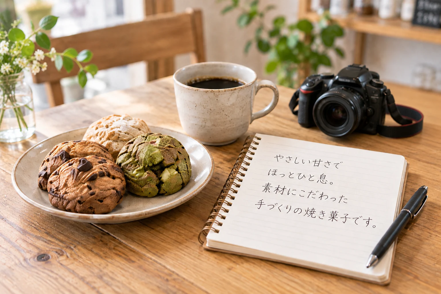 焼き菓子の商品写真とカメラ、魅力を伝える言葉を書いたノートのイメージ