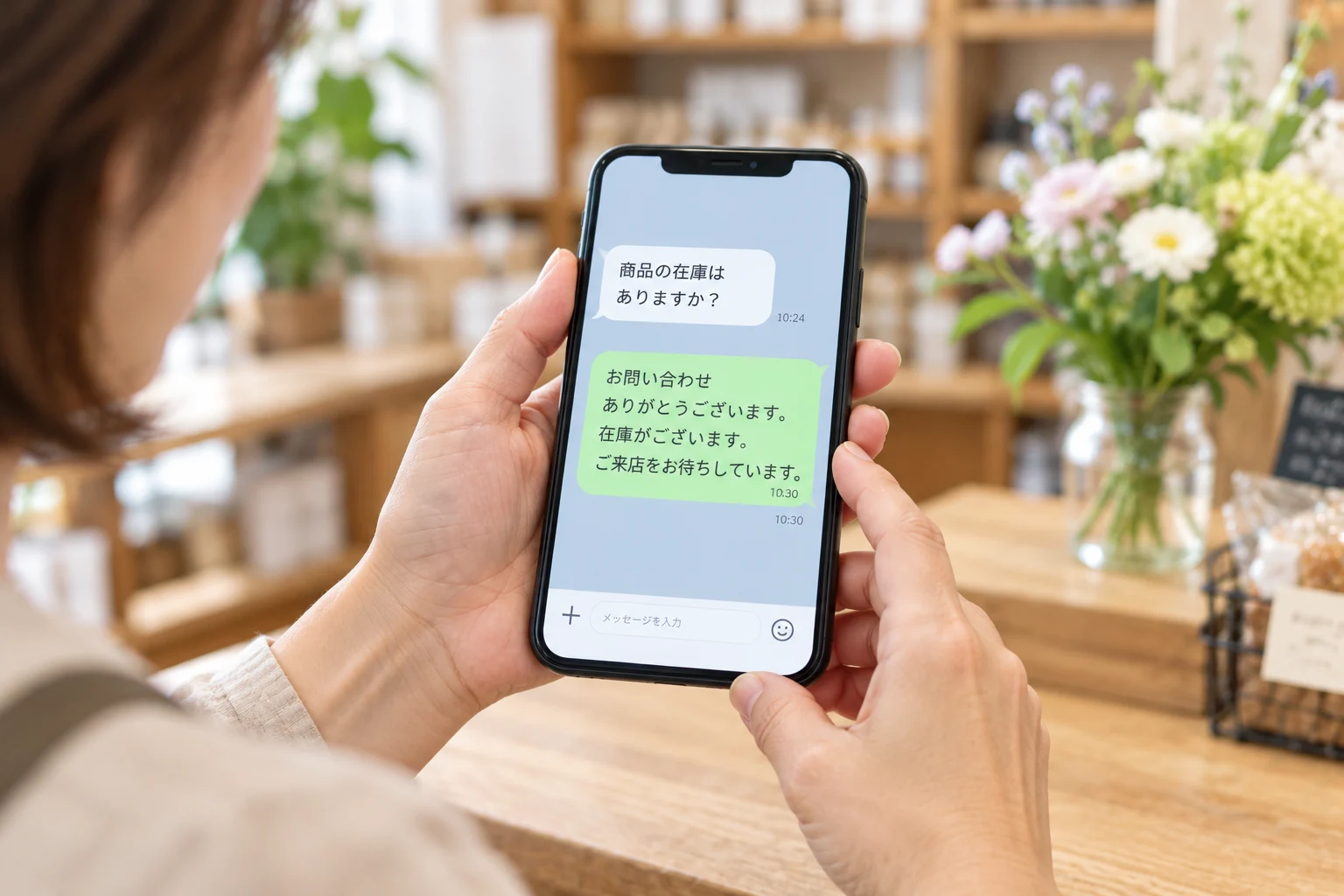 お客様からの問い合わせに、スマートフォンで返事を書くイメージ