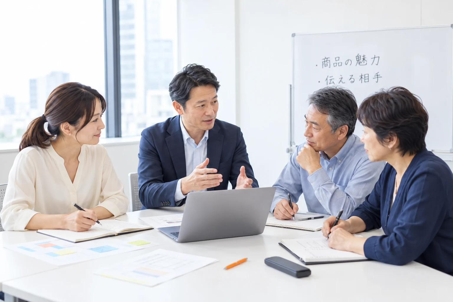 男女や年代の異なる日本人の事業者と講師が、資料を囲んで一緒に学ぶ研修イメージ