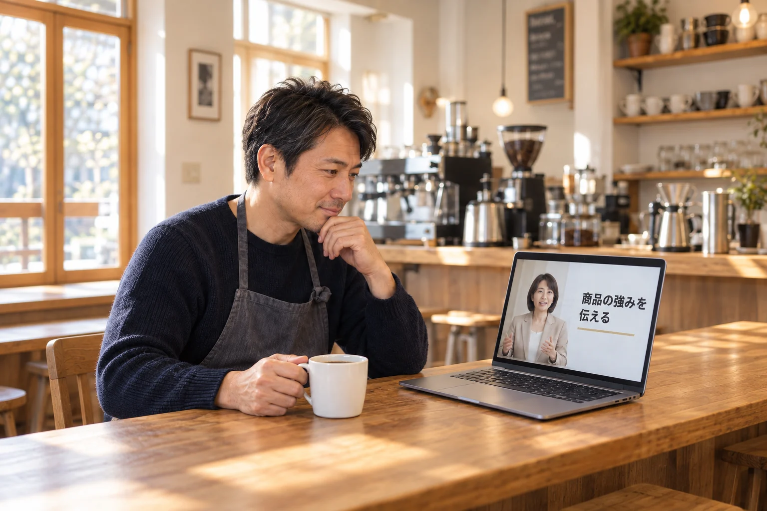 小さな珈琲店で、商品の伝え方を動画で学ぶ架空の店主
