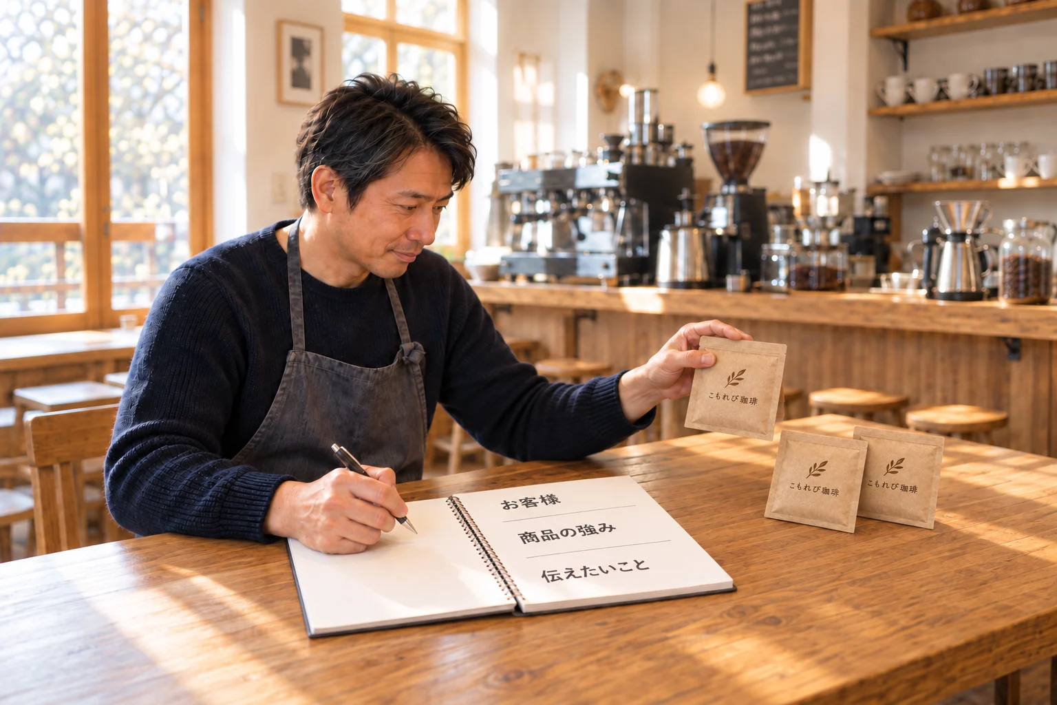 同じ店主が、自分のドリップバッグを手に学んだことを考える架空の場面
