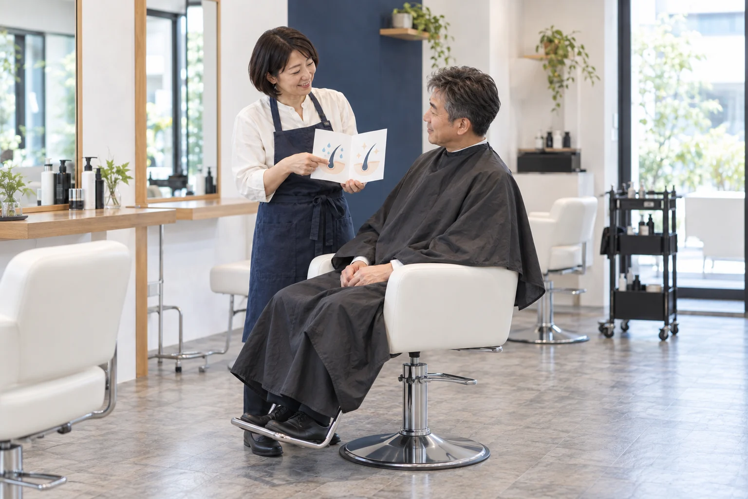 自然な会話で朝のお手入れを相談する、架空の美容師とお客様