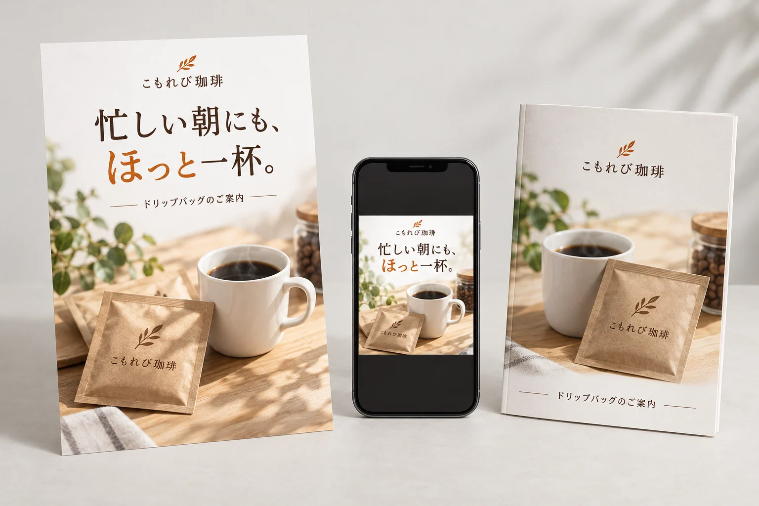 学習で考えた言葉をもとにした、同じドリップバッグのチラシ・SNS画像・資料の架空の仕上がり例