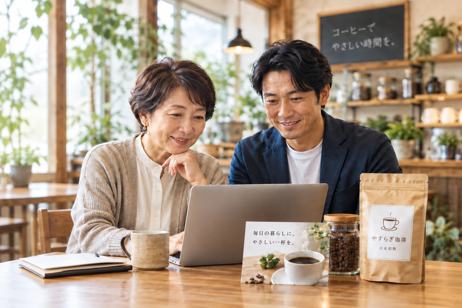架空の事業主と担当者が、商品紹介の準備を一緒に確認するイメージ