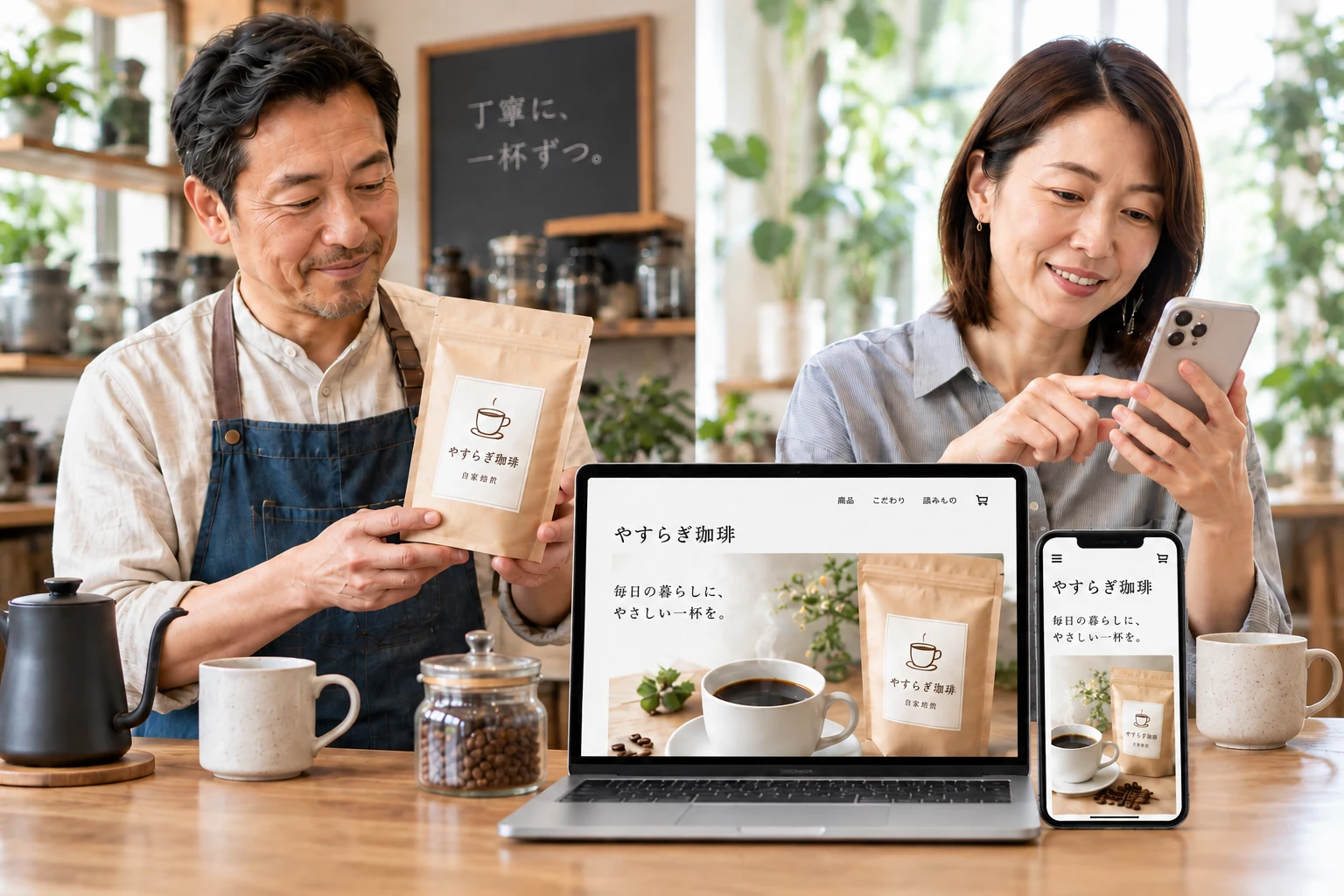 架空の珈琲店主と、スマートフォンで商品を紹介する会員。手前に同じ商品の紹介ページの見本
