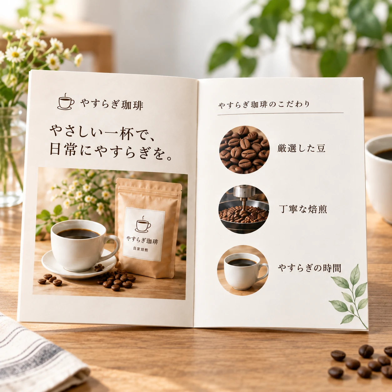 同じ珈琲の特徴を紹介する見開き2ページの資料の制作見本