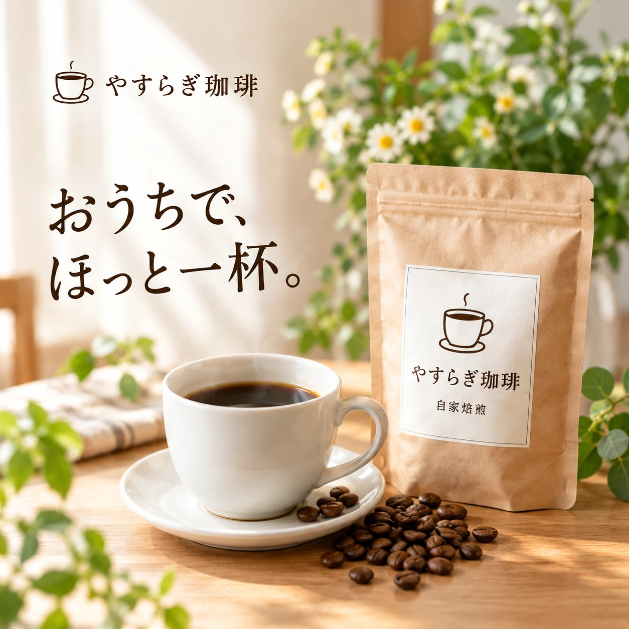 架空のやすらぎ珈琲の商品紹介画像。カップと袋、短いキャッチコピー