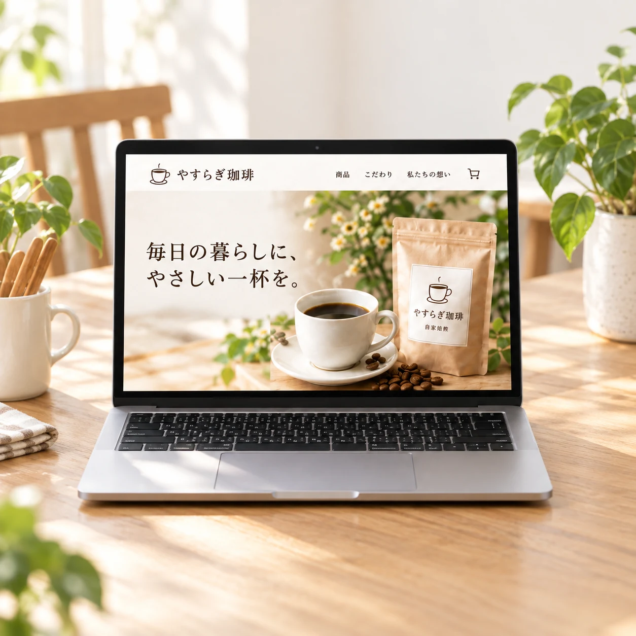 同じ珈琲の商品LPを表示したノートPCの制作見本