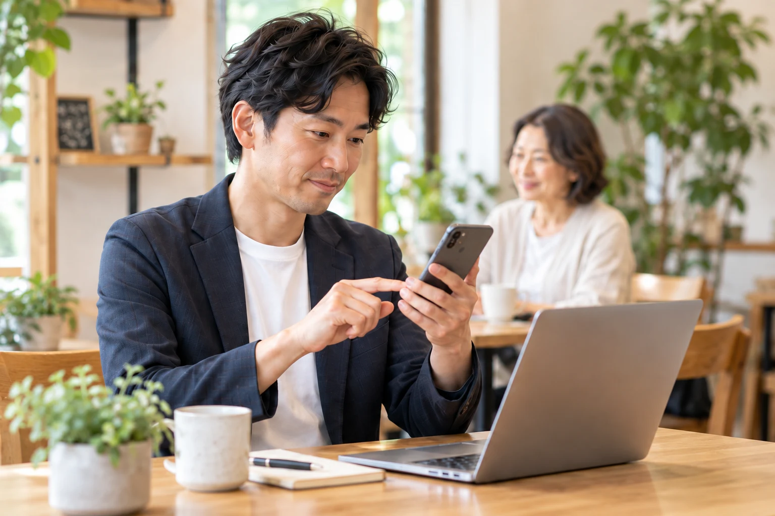 架空の会員が、相手に合う商品をスマートフォンで確認する自然な仕事の場面