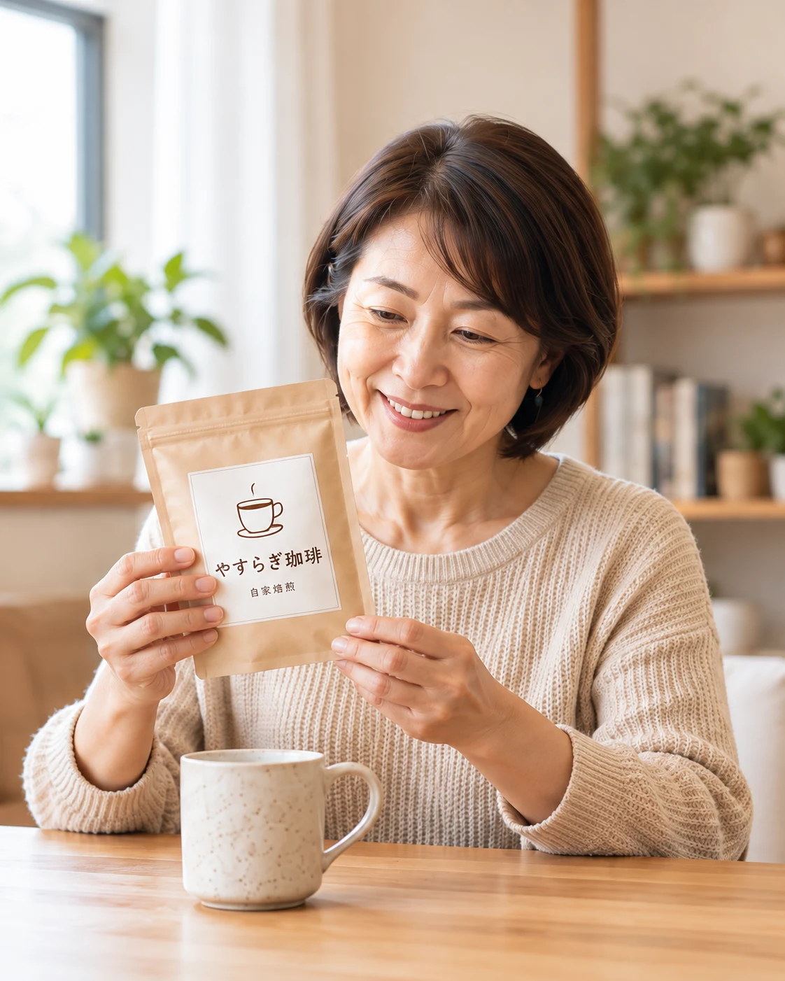 架空のお客様が、届いた珈琲の商品を確認するイメージ