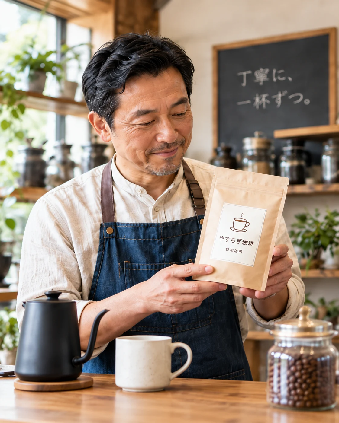 架空の珈琲店主が、自社の商品を見せるイメージ