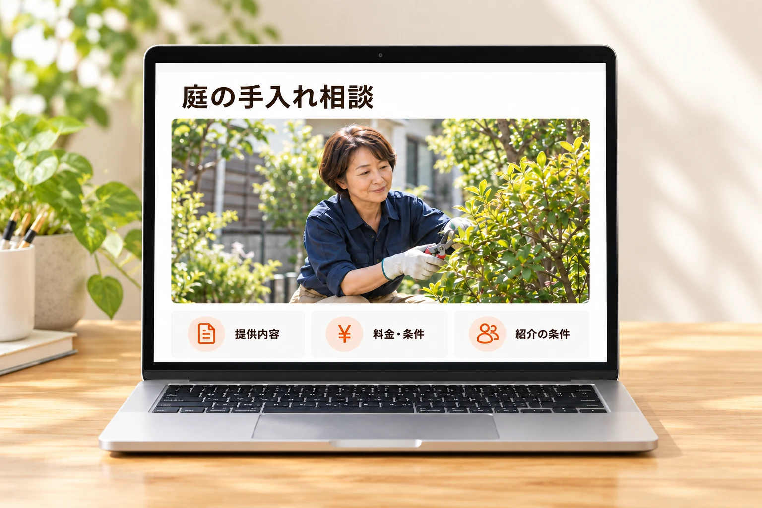架空の庭サービスの商品ページを表示したノートPC。提供内容・料金と紹介条件をまとめた画面の見本