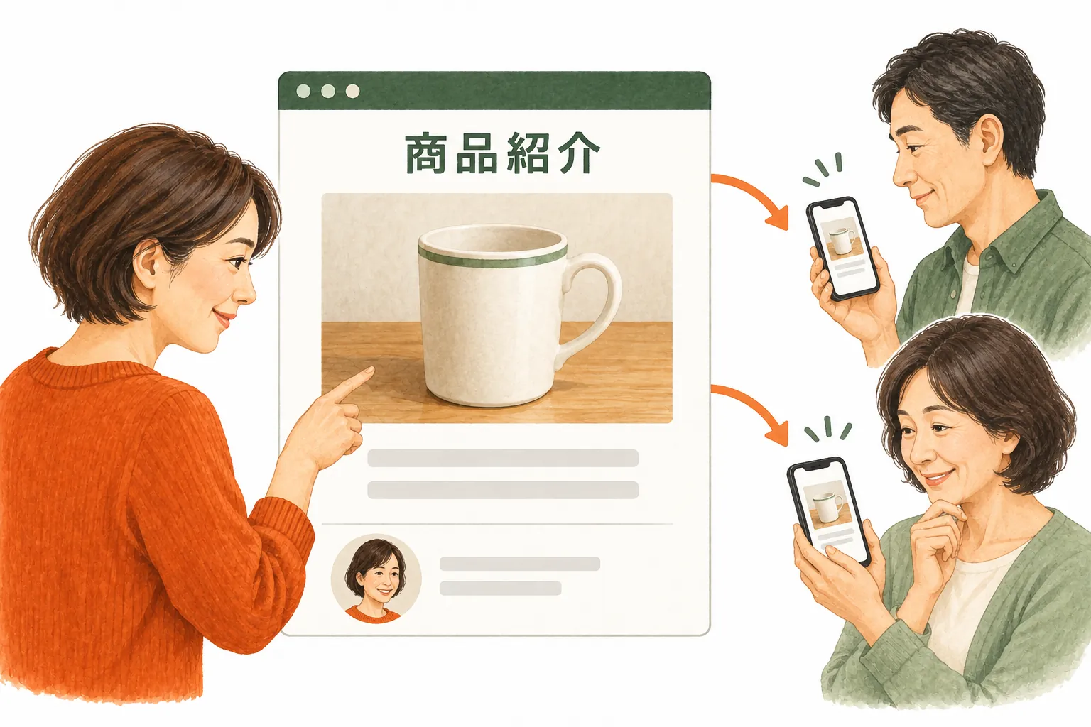 同じ商品の紹介ページを会員が見て紹介につなげるイメージ