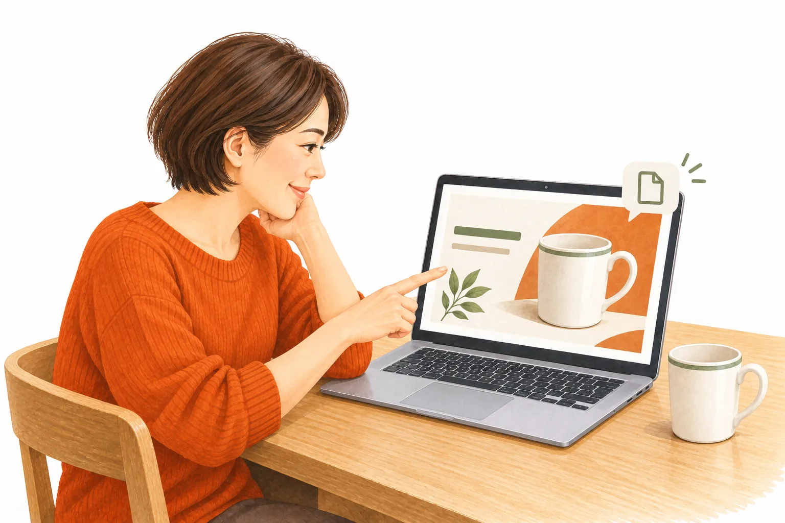 完成した自社商品の紹介画像を画面で確認する事業主のイラスト
