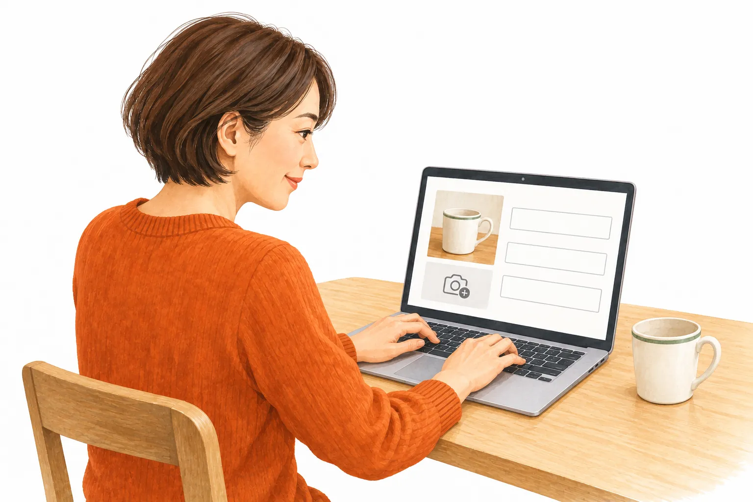 事業と商品の情報をパソコンに入力する事業主のイラスト