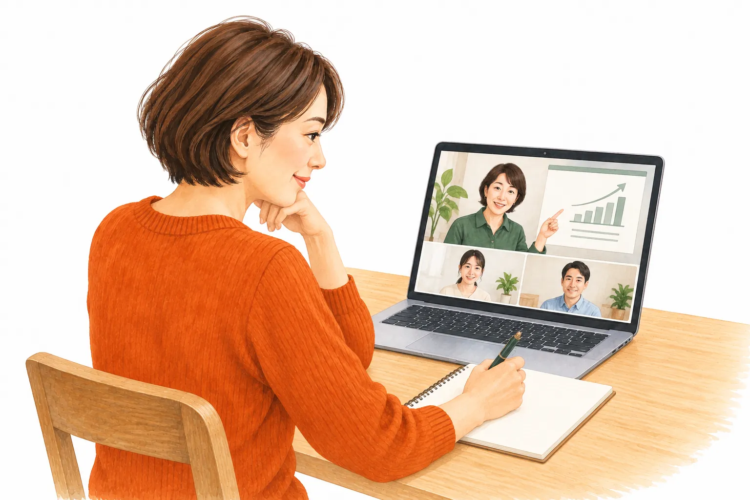 パソコン越しに講師の研修を受ける事業主のイラスト