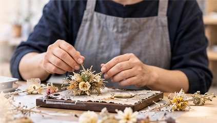ドライフラワーの作品を作る手元