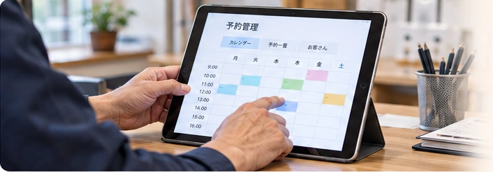 タブレットでお店の予約やお客さんの情報を確認する手元