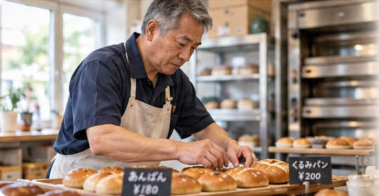 パン屋の厨房でパンを仕上げる日本人の店主