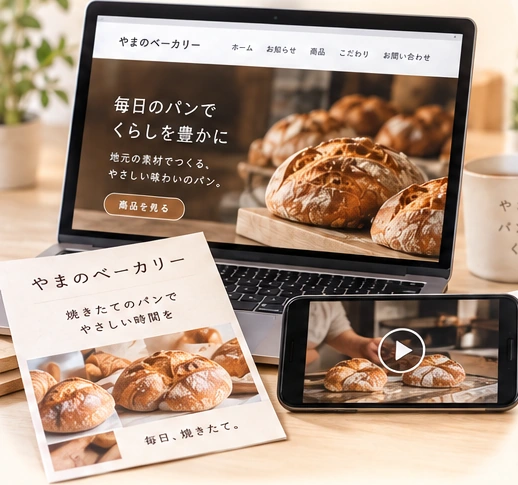 パン屋のホームページ、紹介動画とチラシの制作イメージ