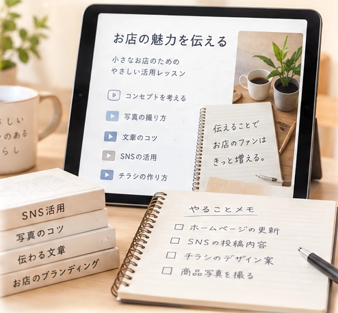お店の魅力の伝え方を学ぶ教材と、学んだ内容をまとめるノート