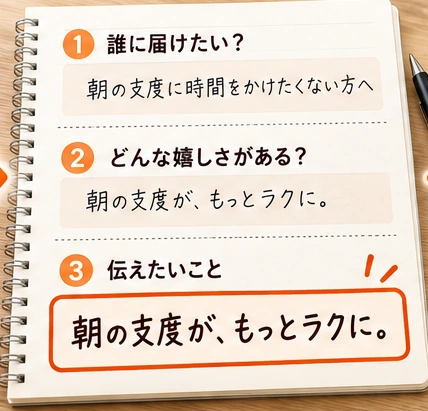 誰に届けたいか、嬉しさ、伝えたいことをまとめるワーク。朝の支度が、もっとラクに。