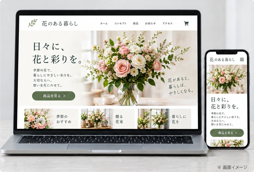 花屋のホームページとスマートフォン表示の制作サンプル