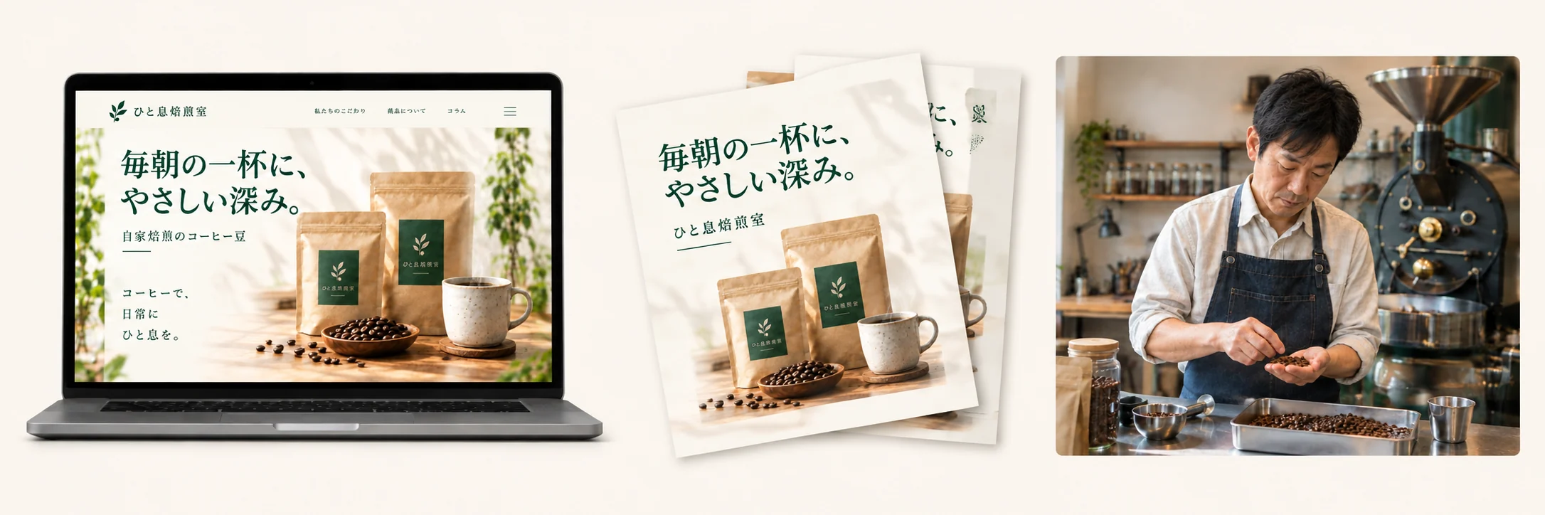 架空の珈琲商品のLP、チラシ、店主を写した動画の静止見本