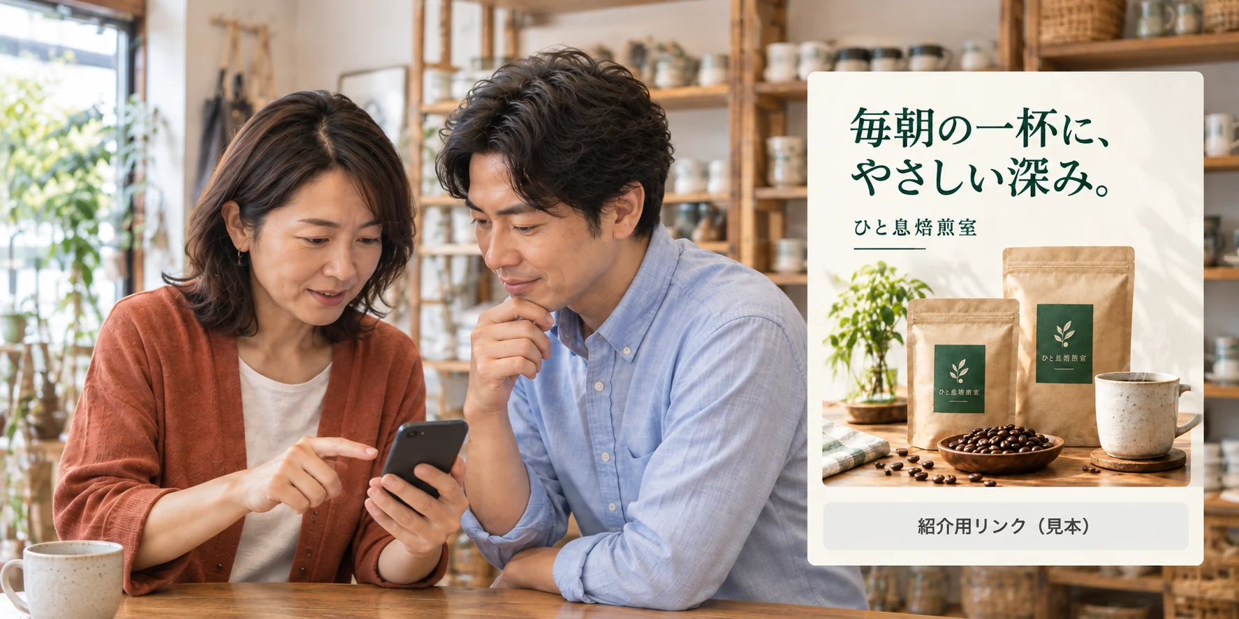 会員がスマートフォンで架空の珈琲商品と紹介用リンクの見本を確認するイメージ