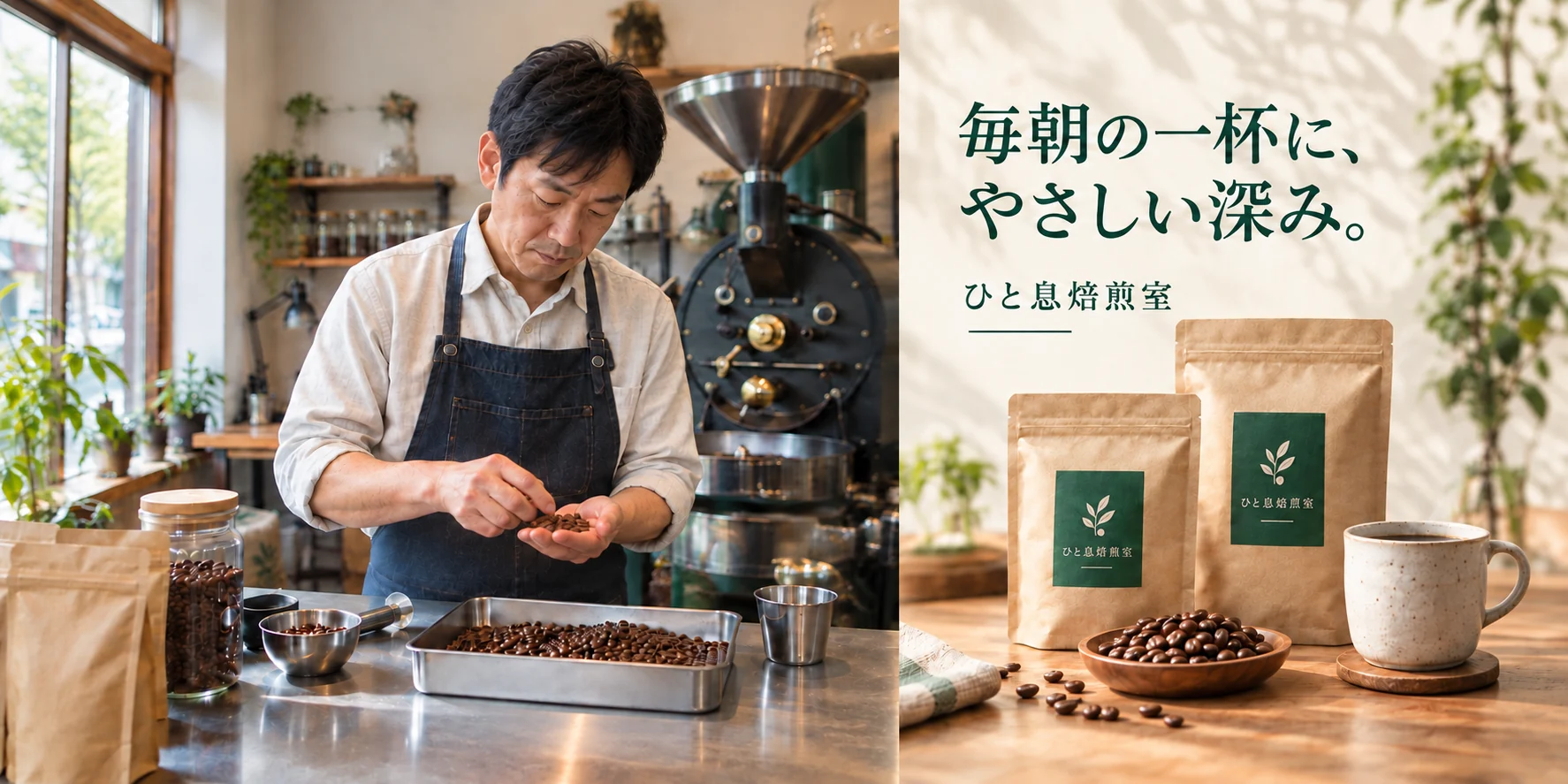 架空の珈琲店主と、自社の珈琲豆を伝える商品紹介のイメージ