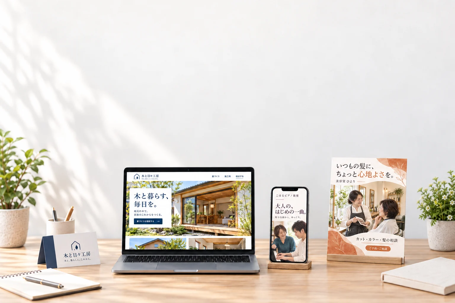 工務店のホームページ、ピアノ教室のCM静止見本、美容室のチラシを並べた架空の制作見本
