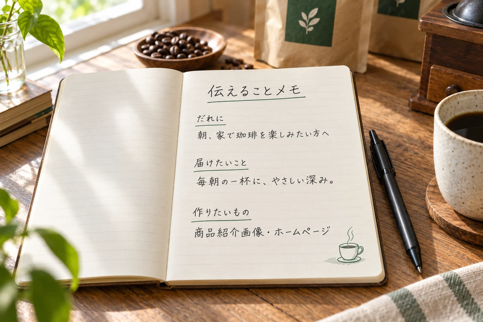 誰に届けたいかと伝えたいことを整理したノート。毎朝の一杯に、やさしい深み。