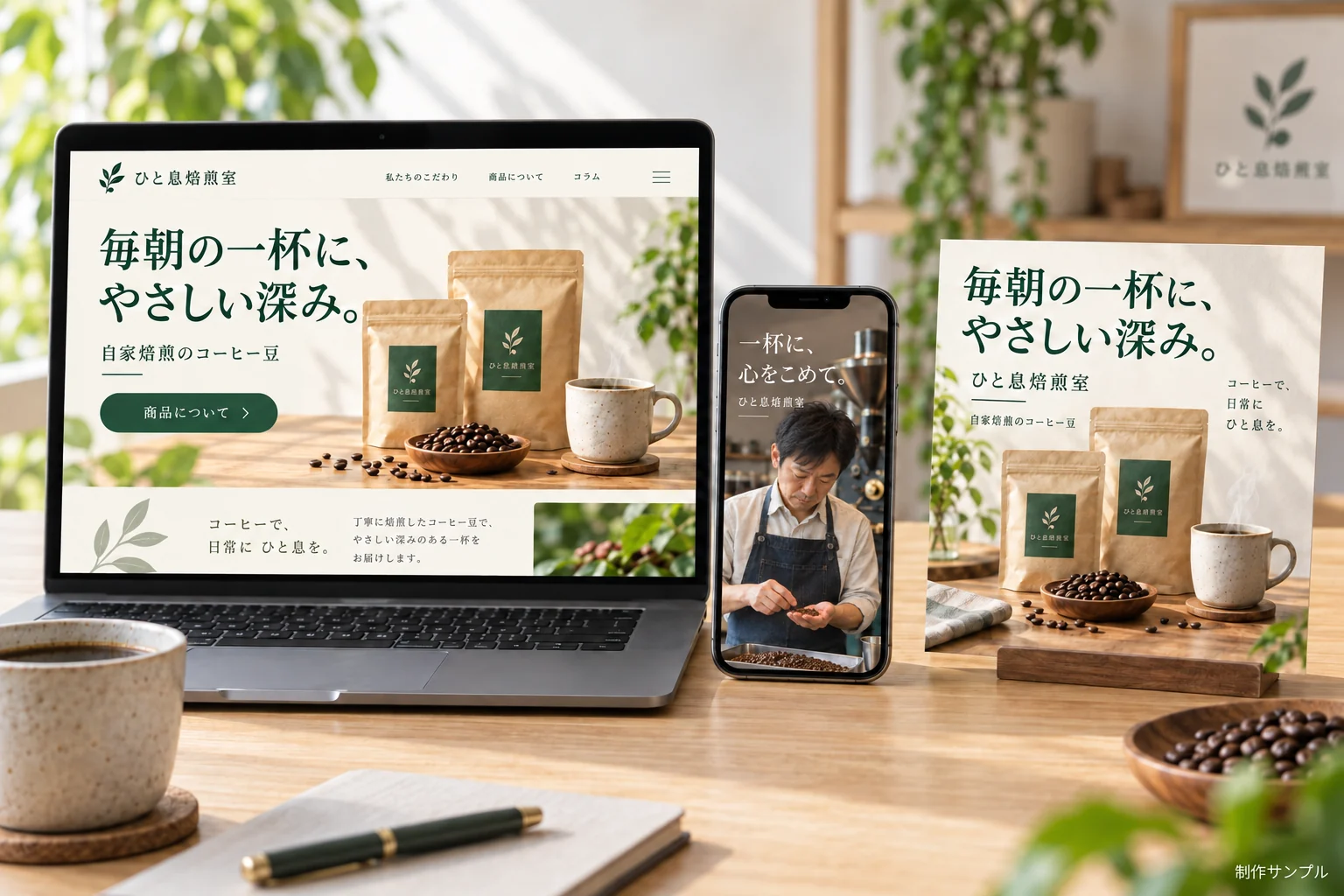 毎朝の一杯に、やさしい深み、という言葉をホームページ、CM静止見本、チラシに展開した制作サンプル