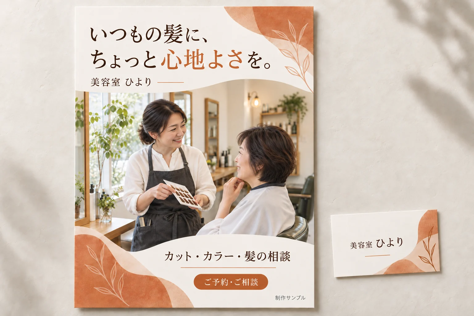 美容室の魅力を伝えるチラシとカードの制作サンプル