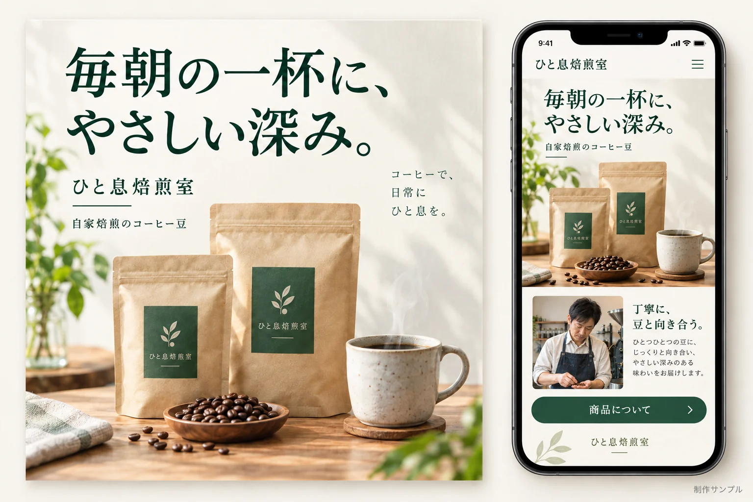 珈琲豆の特徴を伝える商品紹介LPとスマートフォン表示の制作サンプル