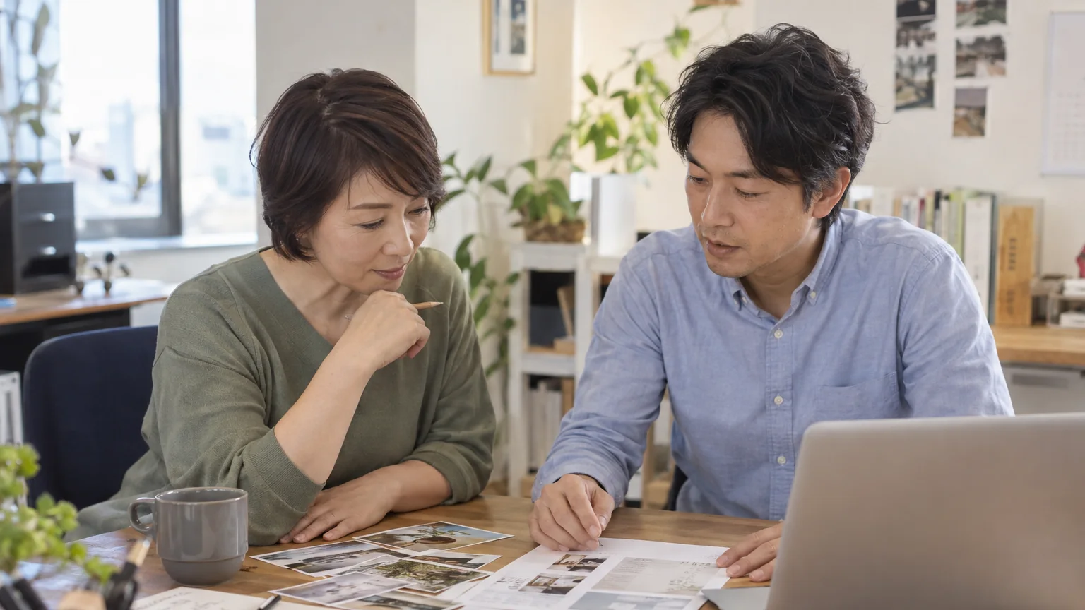 架空の事業主と担当者が商品写真やチラシ案を見ながら相談するイメージ