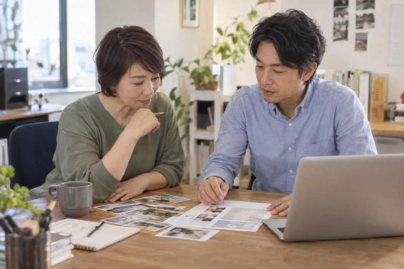 資料を広げて相談する場面のイメージ