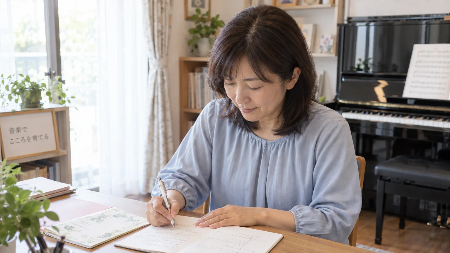 架空の教室の事業主が学んだことを自分向きのノートに書き、事業で取り組むことを整理するイメージ