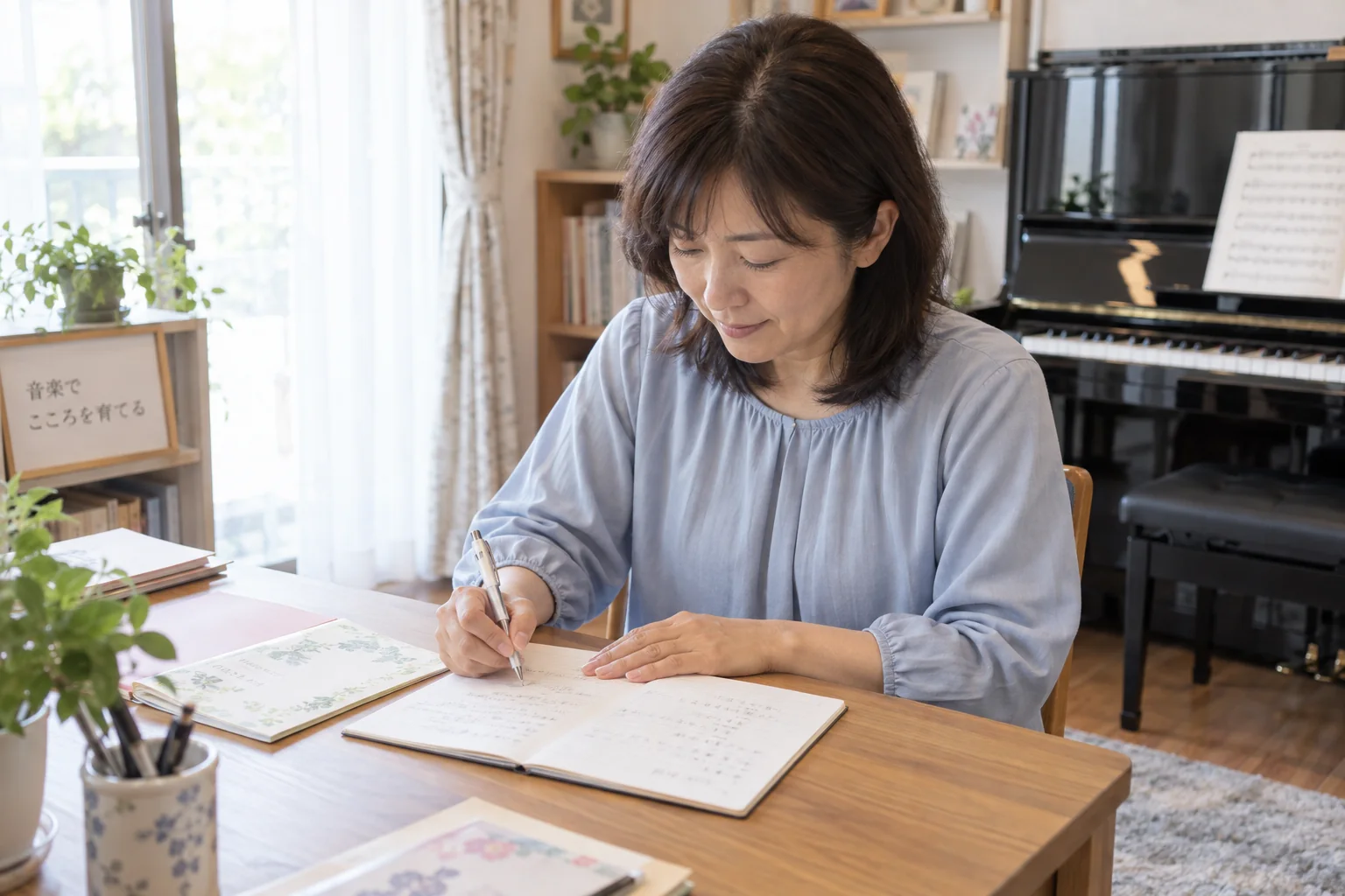 教室の事業主が学んだことをノートに整理する場面のイメージ