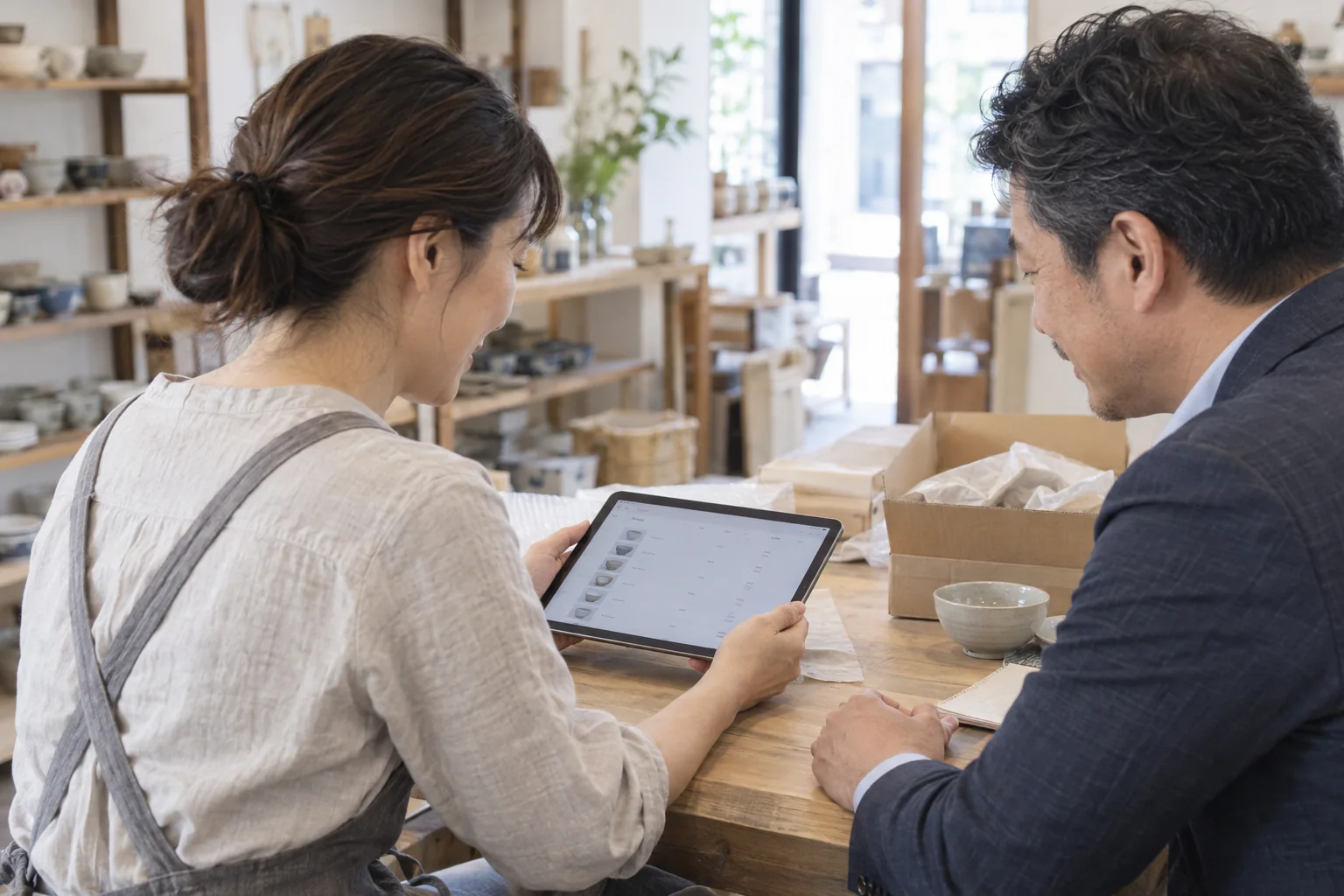 小さなお店でタブレットを使いながら業務を相談する場面のイメージ